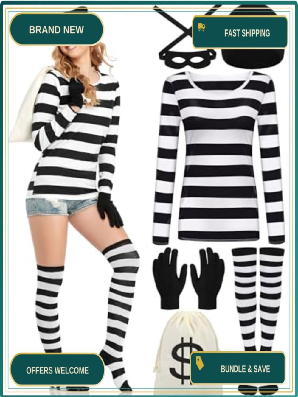 URATOT Robber Costume Set Striped Tee Gloves Hat Eye Patch Socks Halloween